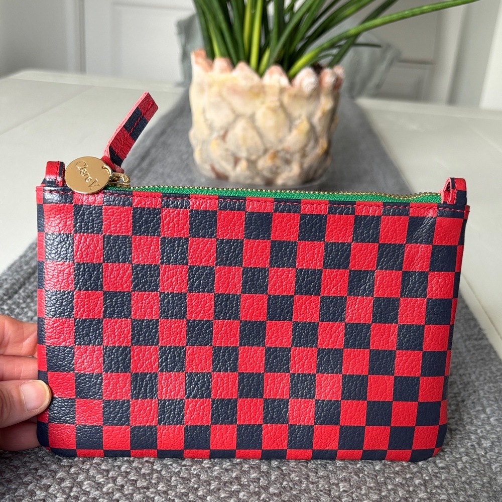 Clare V Leather Flat tab Pouch Navy/Red
